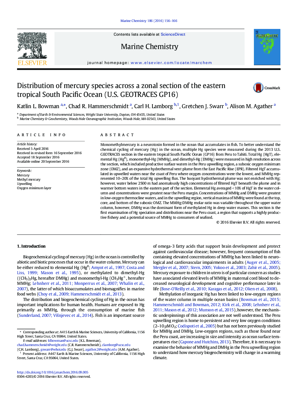 عکس صفحه اول مقاله: Distribution of mercury species across a zonal section of the eastern tropical South Pacific Ocean (U.S. GEOTRACES GP16) Distribution of mercury species across a zonal section of the eastern tropical South Pacific Ocean (U.S. GEOTRACES GP16)