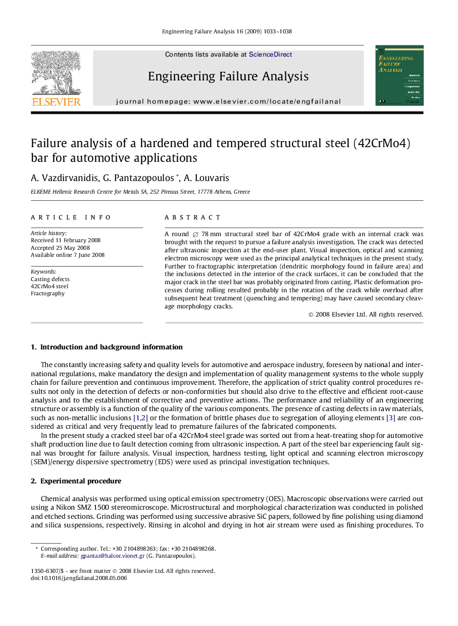 Failure analysis of a hardened and tempered structural steel (42CrMo4) bar for automotive applications