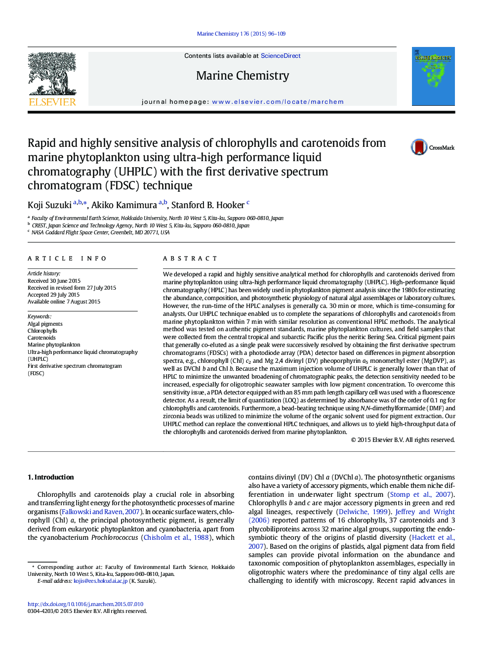 Rapid and highly sensitive analysis of chlorophylls and carotenoids from marine phytoplankton using ultra-high performance liquid chromatography (UHPLC) with the first derivative spectrum chromatogram (FDSC) technique