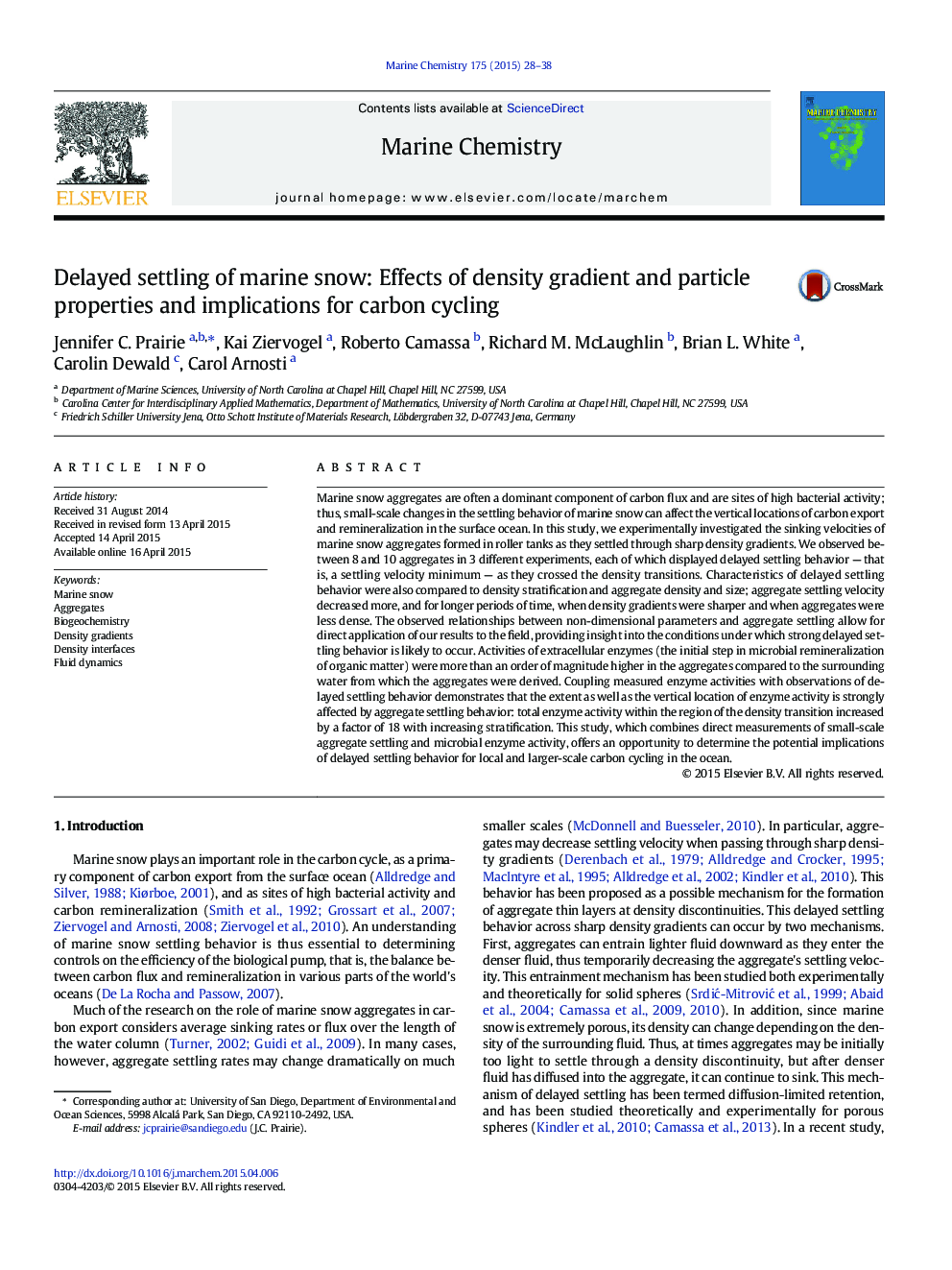 Delayed settling of marine snow: Effects of density gradient and particle properties and implications for carbon cycling