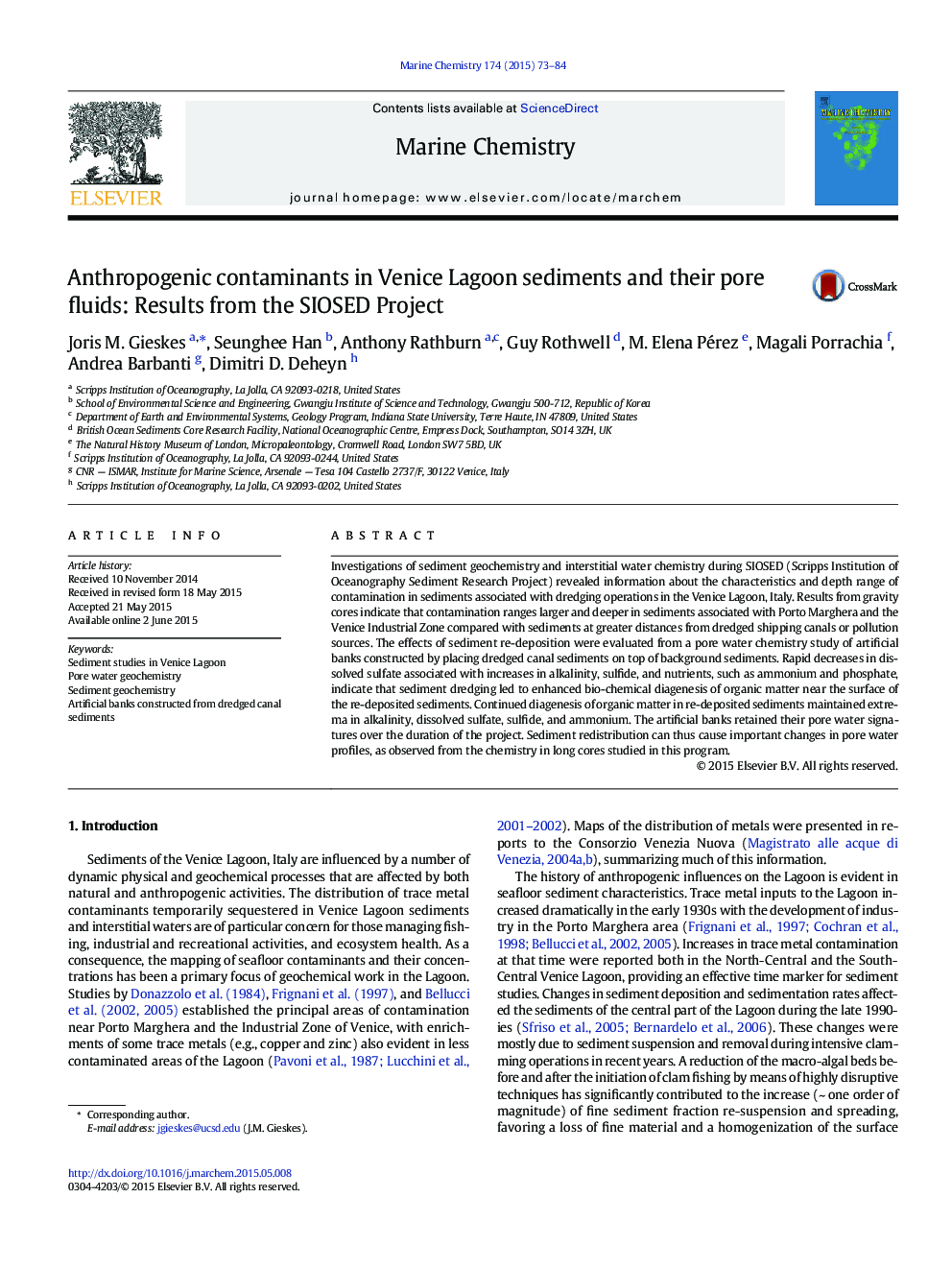 Anthropogenic contaminants in Venice Lagoon sediments and their pore fluids: Results from the SIOSED Project