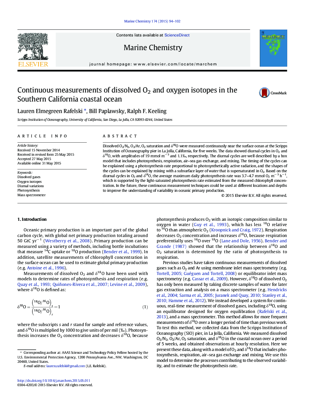 Continuous measurements of dissolved O2 and oxygen isotopes in the Southern California coastal ocean