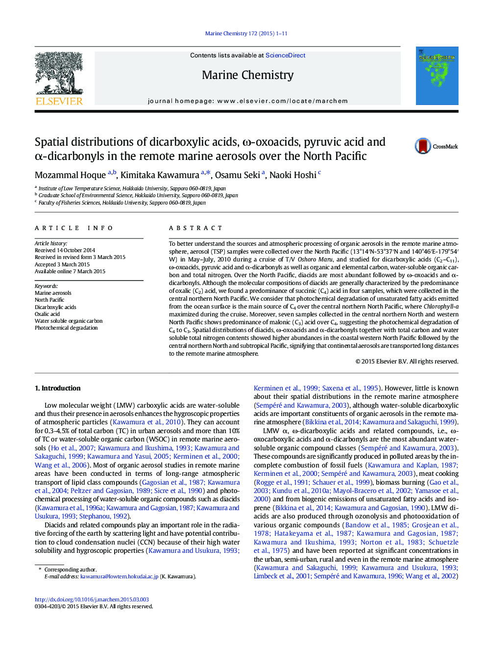 Spatial distributions of dicarboxylic acids, Ï-oxoacids, pyruvic acid and Î±-dicarbonyls in the remote marine aerosols over the North Pacific