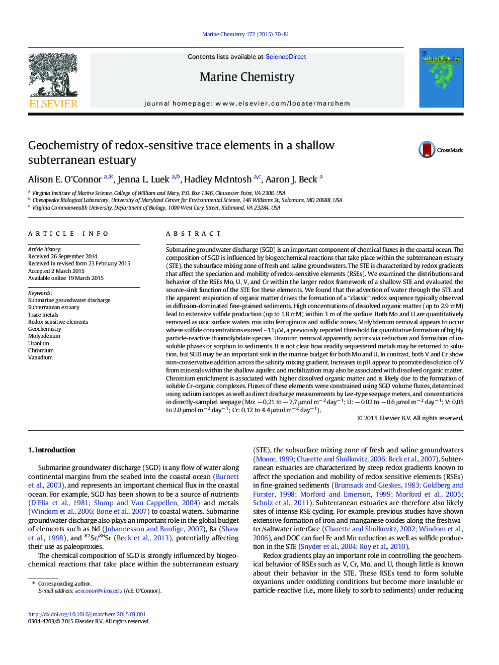 Geochemistry of redox-sensitive trace elements in a shallow subterranean estuary