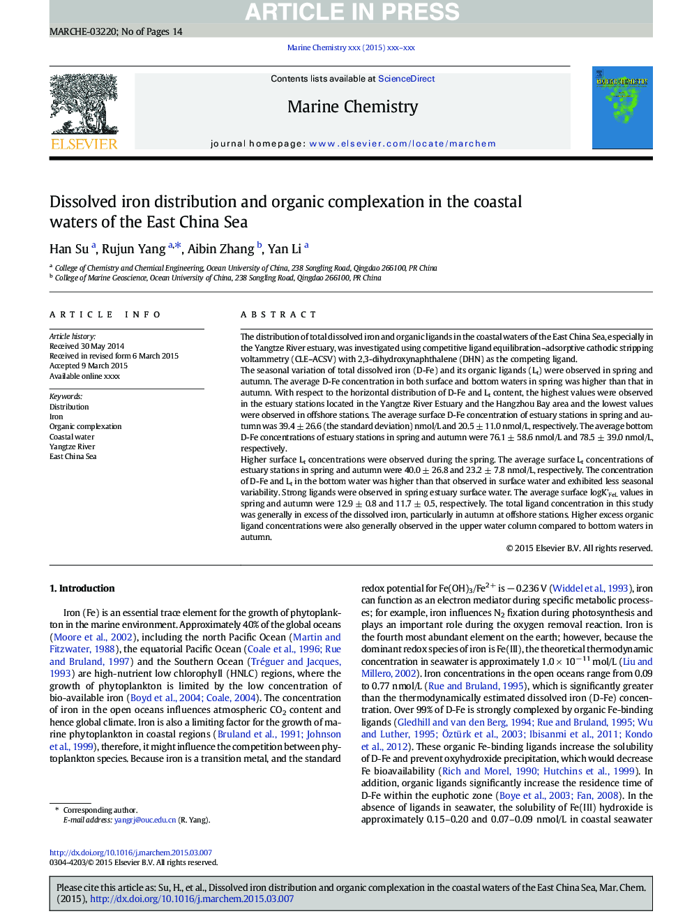 Dissolved iron distribution and organic complexation in the coastal waters of the East China Sea