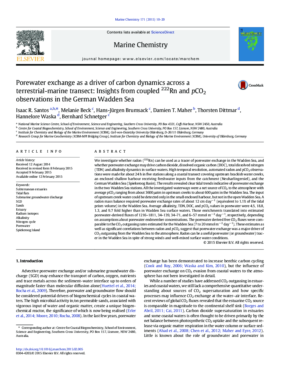 Porewater exchange as a driver of carbon dynamics across a terrestrial-marine transect: Insights from coupled 222Rn and pCO2 observations in the German Wadden Sea