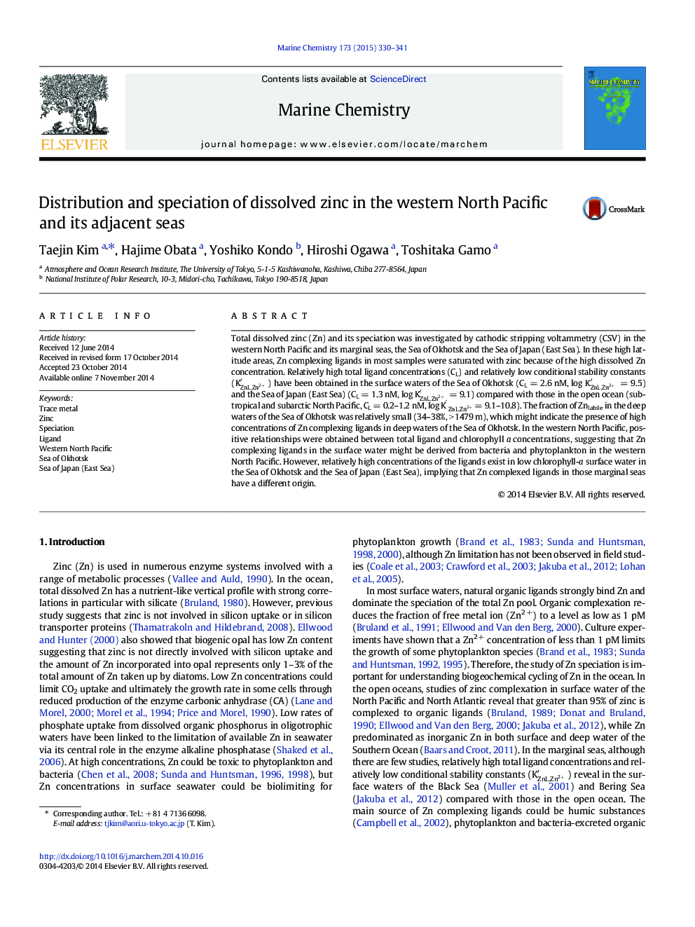 Distribution and speciation of dissolved zinc in the western North Pacific and its adjacent seas