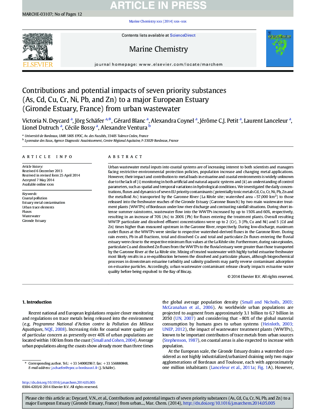Contributions and potential impacts of seven priority substances (As, Cd, Cu, Cr, Ni, Pb, and Zn) to a major European Estuary (Gironde Estuary, France) from urban wastewater