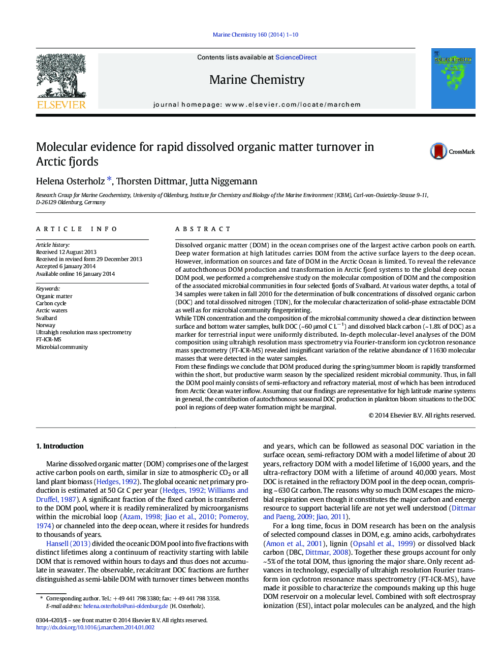 Molecular evidence for rapid dissolved organic matter turnover in Arctic fjords