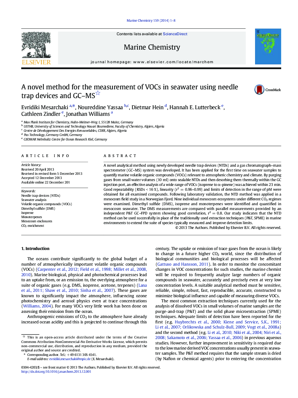 A novel method for the measurement of VOCs in seawater using needle trap devices and GC-MS