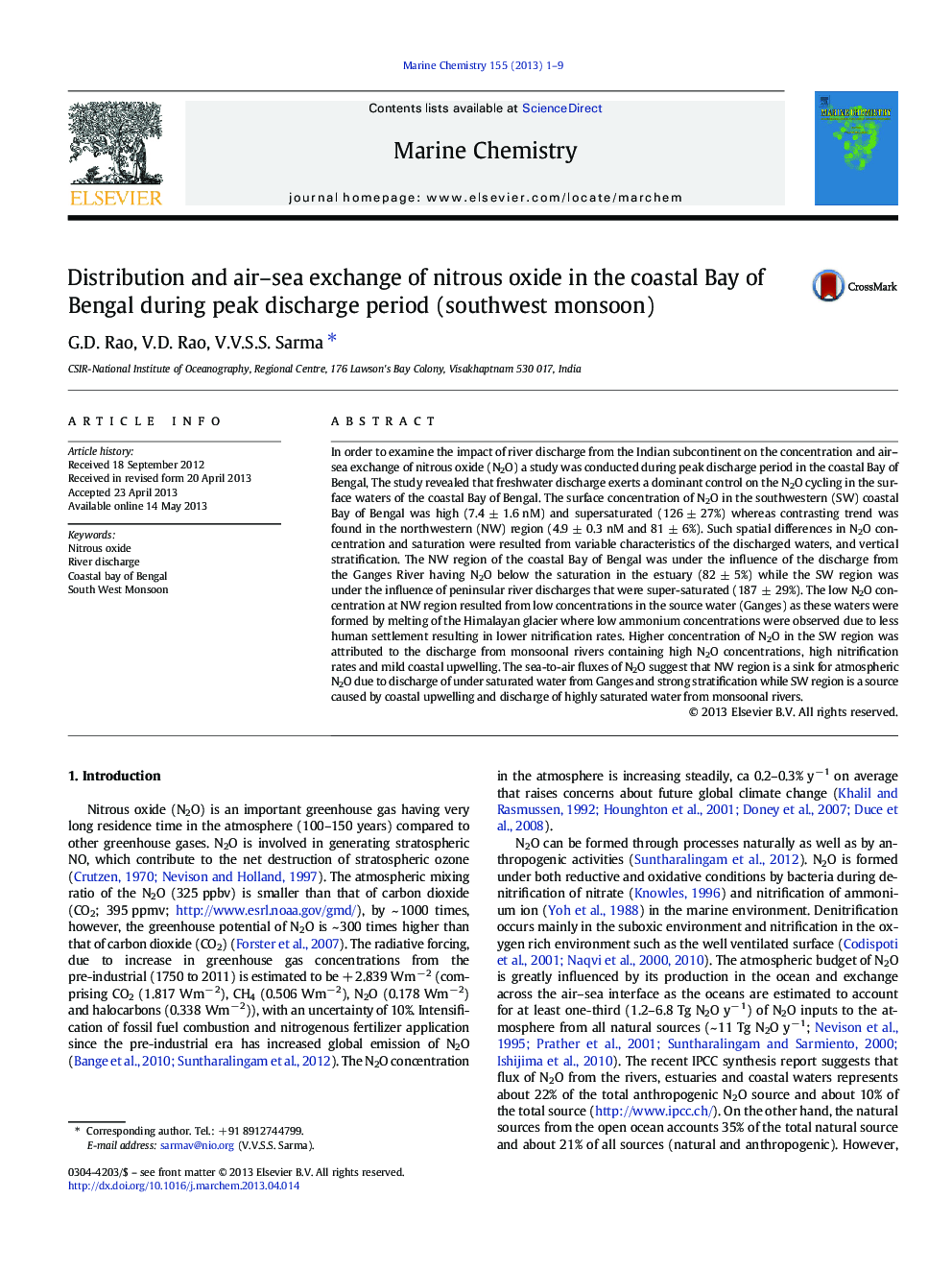 Distribution and air-sea exchange of nitrous oxide in the coastal Bay of Bengal during peak discharge period (southwest monsoon)