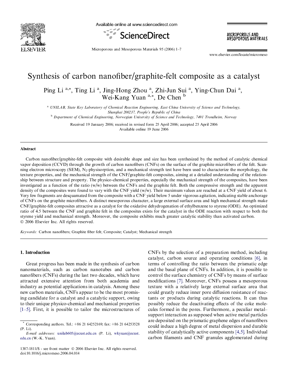 Synthesis of carbon nanofiber/graphite-felt composite as a catalyst