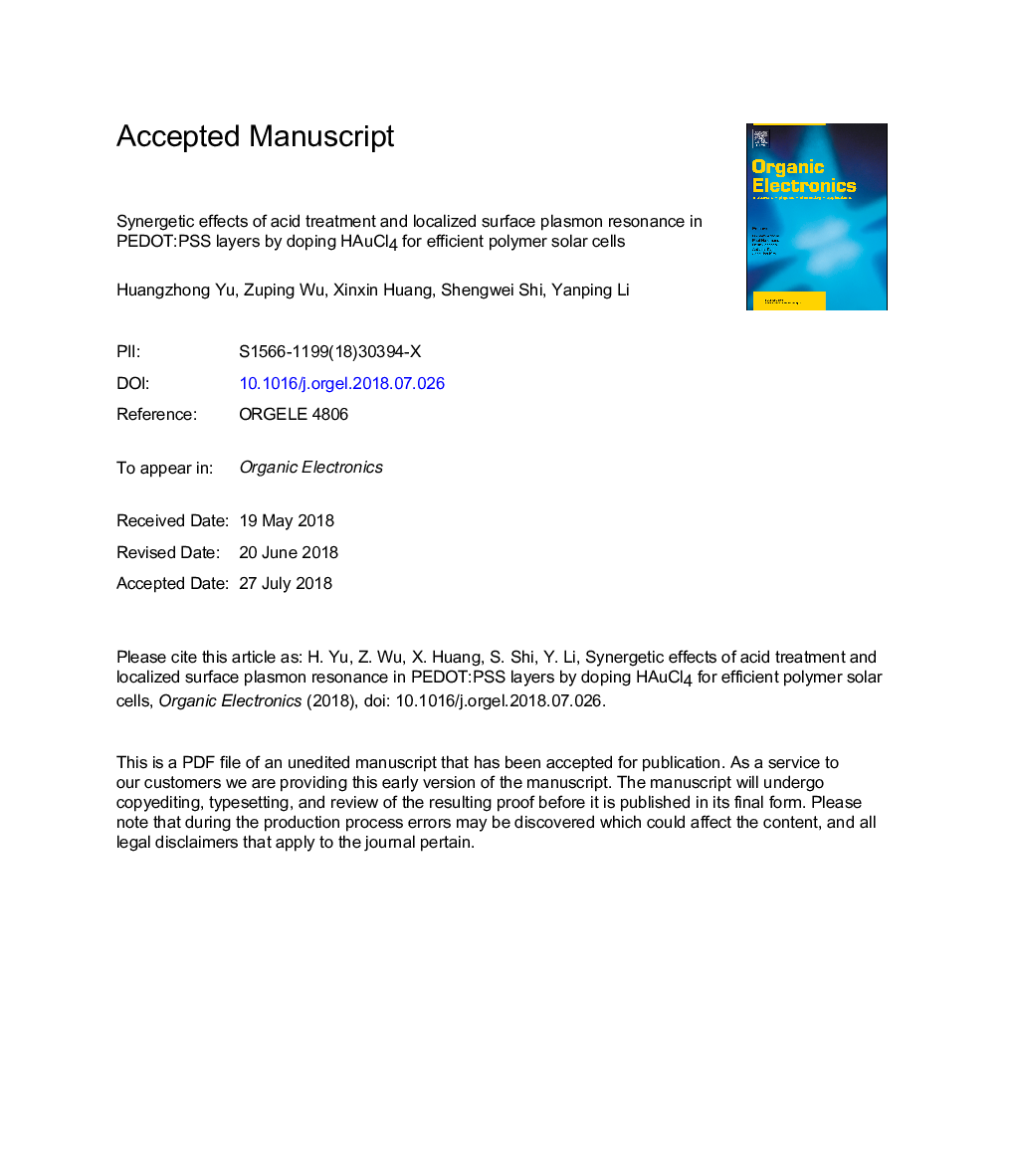 عکس صفحه اول مقاله: Synergetic effects of acid treatment and localized surface plasmon resonance in PEDOT:PSS layers by doping HAuCl4 for efficient polymer solar cells Synergetic effects of acid treatment and localized surface plasmon resonance in PEDOT:PSS layers by doping HAuCl4 for efficient polymer solar cells