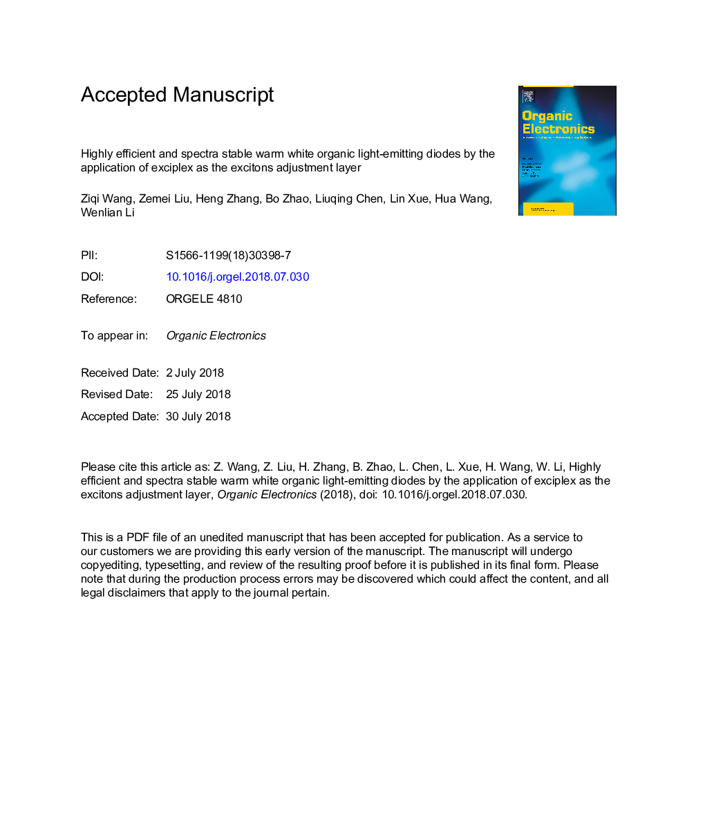 Highly efficient and spectra stable warm white organic light-emitting diodes by the application of exciplex as the excitons adjustment layer