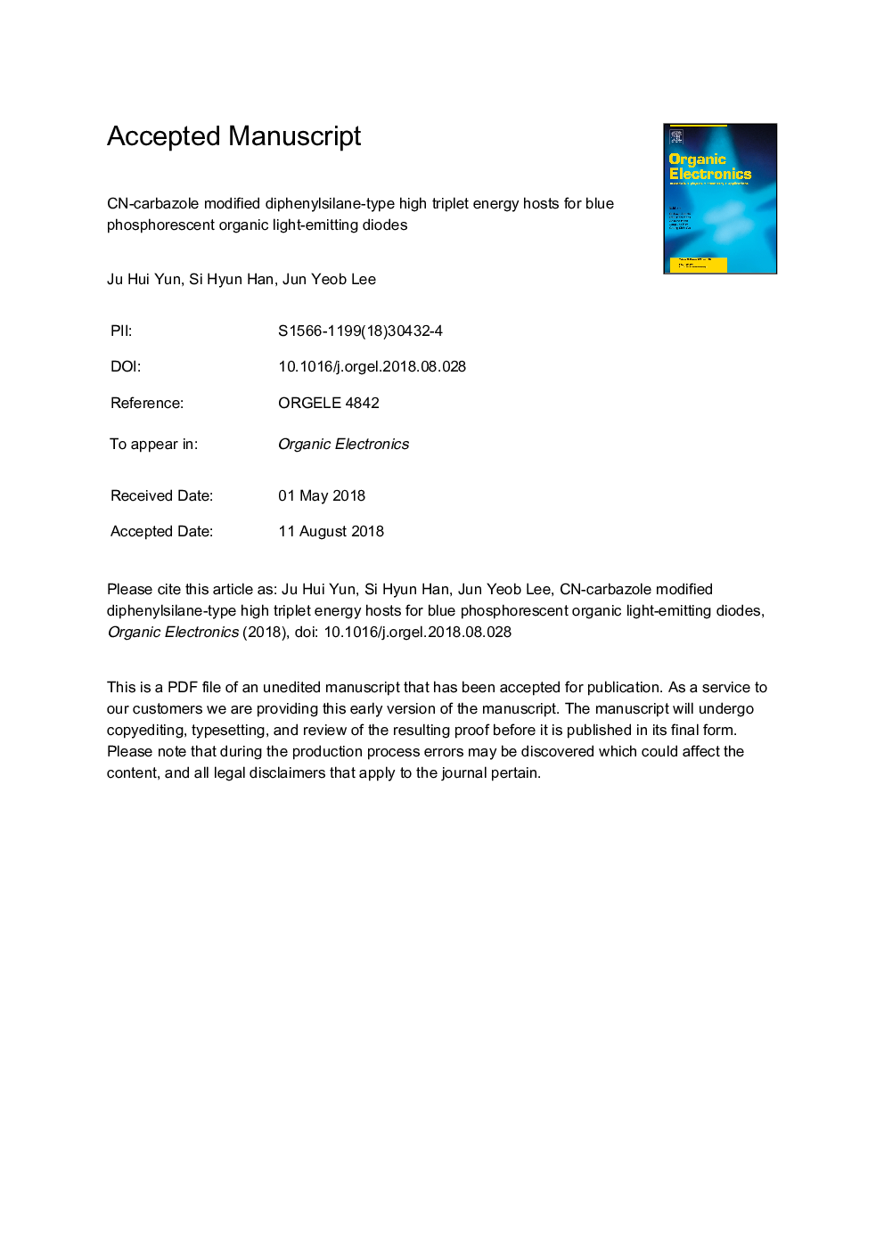 CN-carbazole modified diphenylsilane-type high triplet energy hosts for blue phosphorescent organic light-emitting diodes