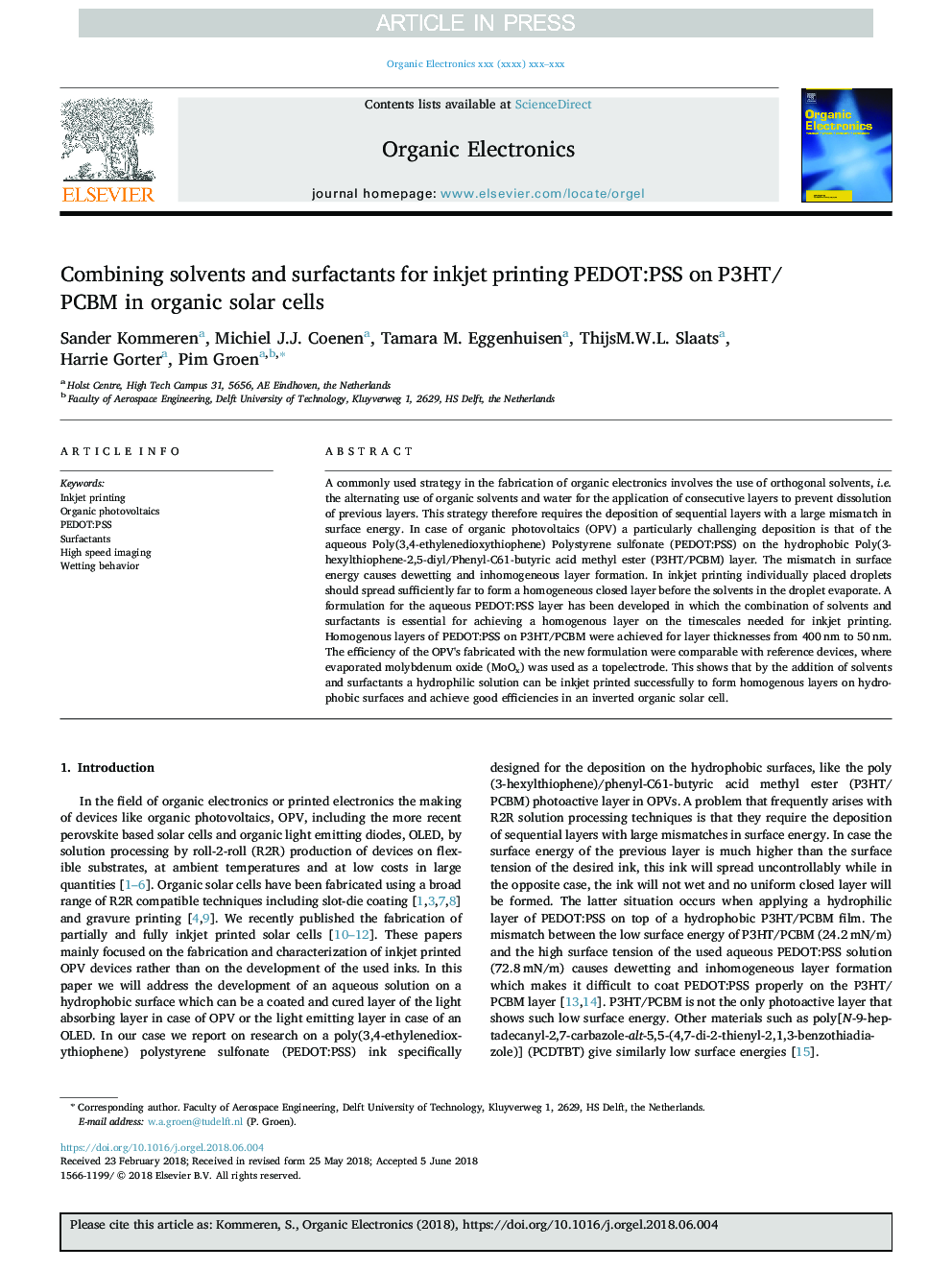 Combining solvents and surfactants for inkjet printing PEDOT:PSS on P3HT/PCBM in organic solar cells