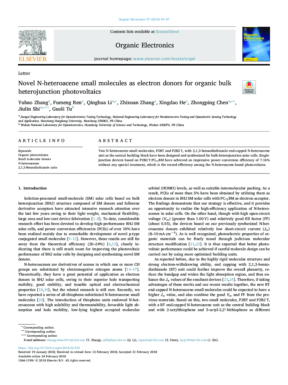 عکس صفحه اول مقاله: Novel N-heteroacene small molecules as electron donors for organic bulk heterojunction photovoltaics Novel N-heteroacene small molecules as electron donors for organic bulk heterojunction photovoltaics