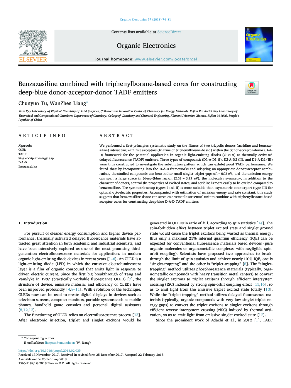 Benzazasiline combined with triphenylborane-based cores for constructing deep-blue donor-acceptor-donor TADF emitters