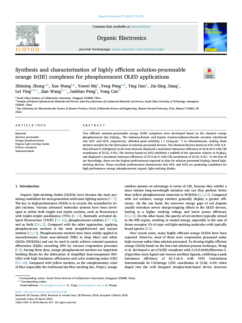 Synthesis and characterization of highly efficient solution-processable orange Ir(III) complexes for phosphorescent OLED applications