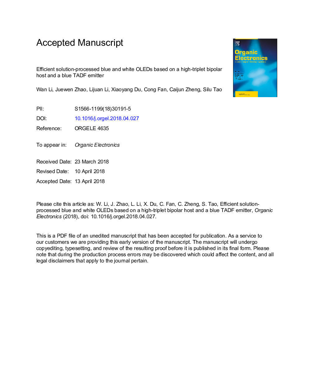 Efficient solution-processed blue and white OLEDs based on a high-triplet bipolar host and a blue TADF emitter