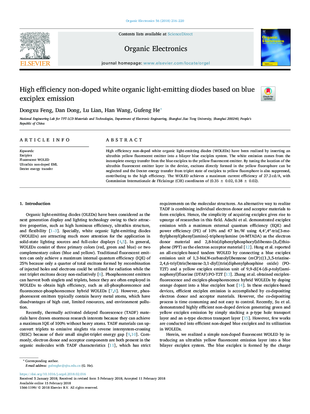 High efficiency non-doped white organic light-emitting diodes based on blue exciplex emission