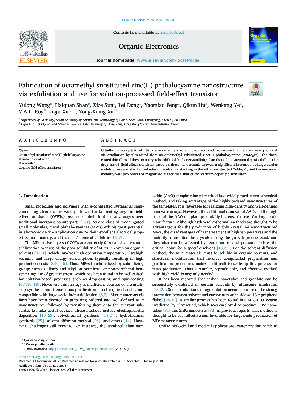 Fabrication of octamethyl substituted zinc(II) phthalocyanine nanostructure via exfoliation and use for solution-processed field-effect transistor