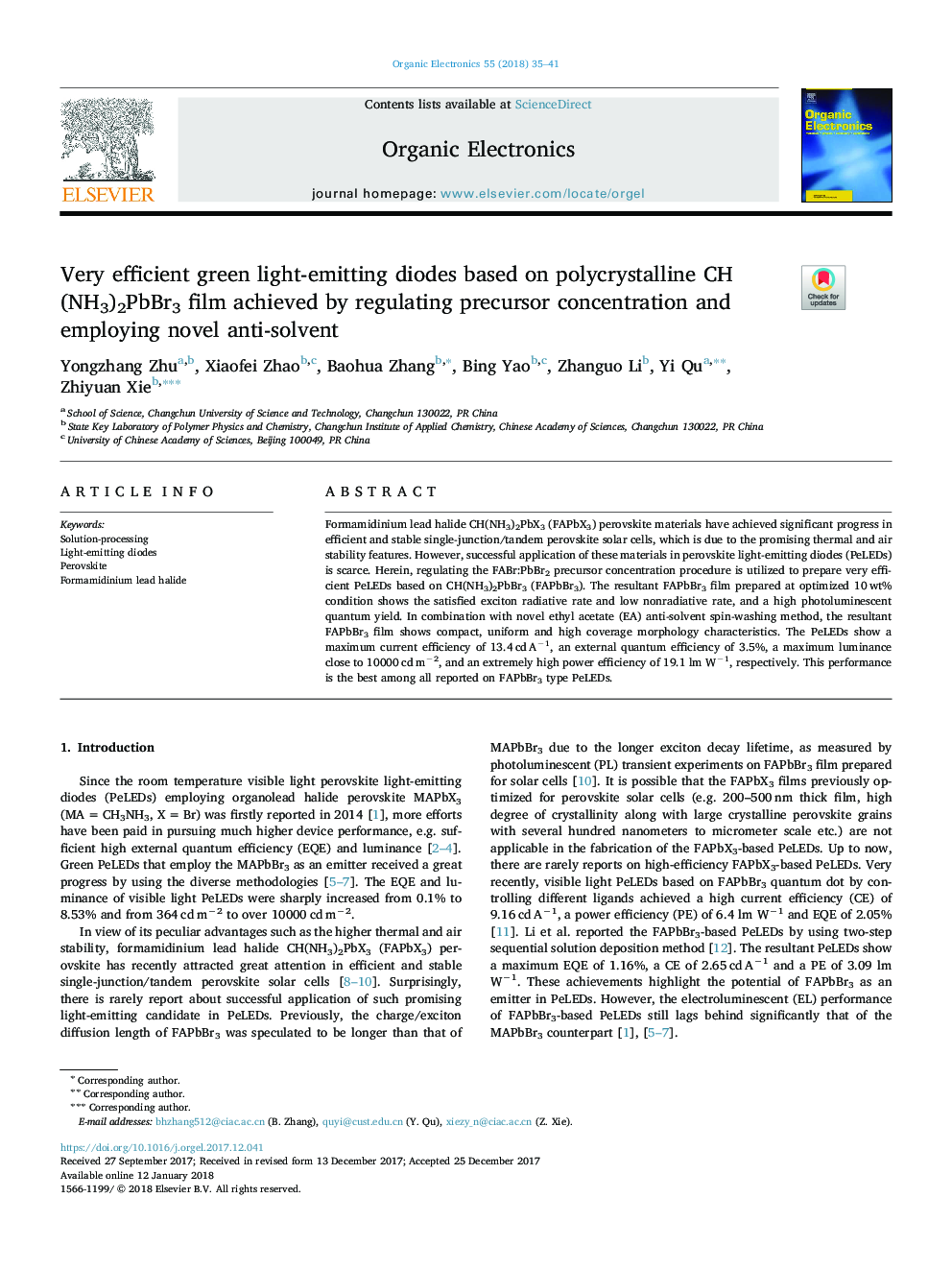 Very efficient green light-emitting diodes based on polycrystalline CH(NH3)2PbBr3 film achieved by regulating precursor concentration and employing novel anti-solvent