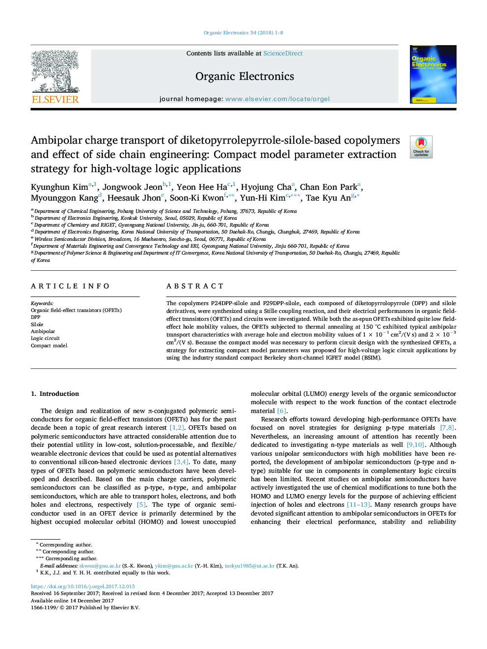 Ambipolar charge transport of diketopyrrolepyrrole-silole-based copolymers and effect of side chain engineering: Compact model parameter extraction strategy for high-voltage logic applications