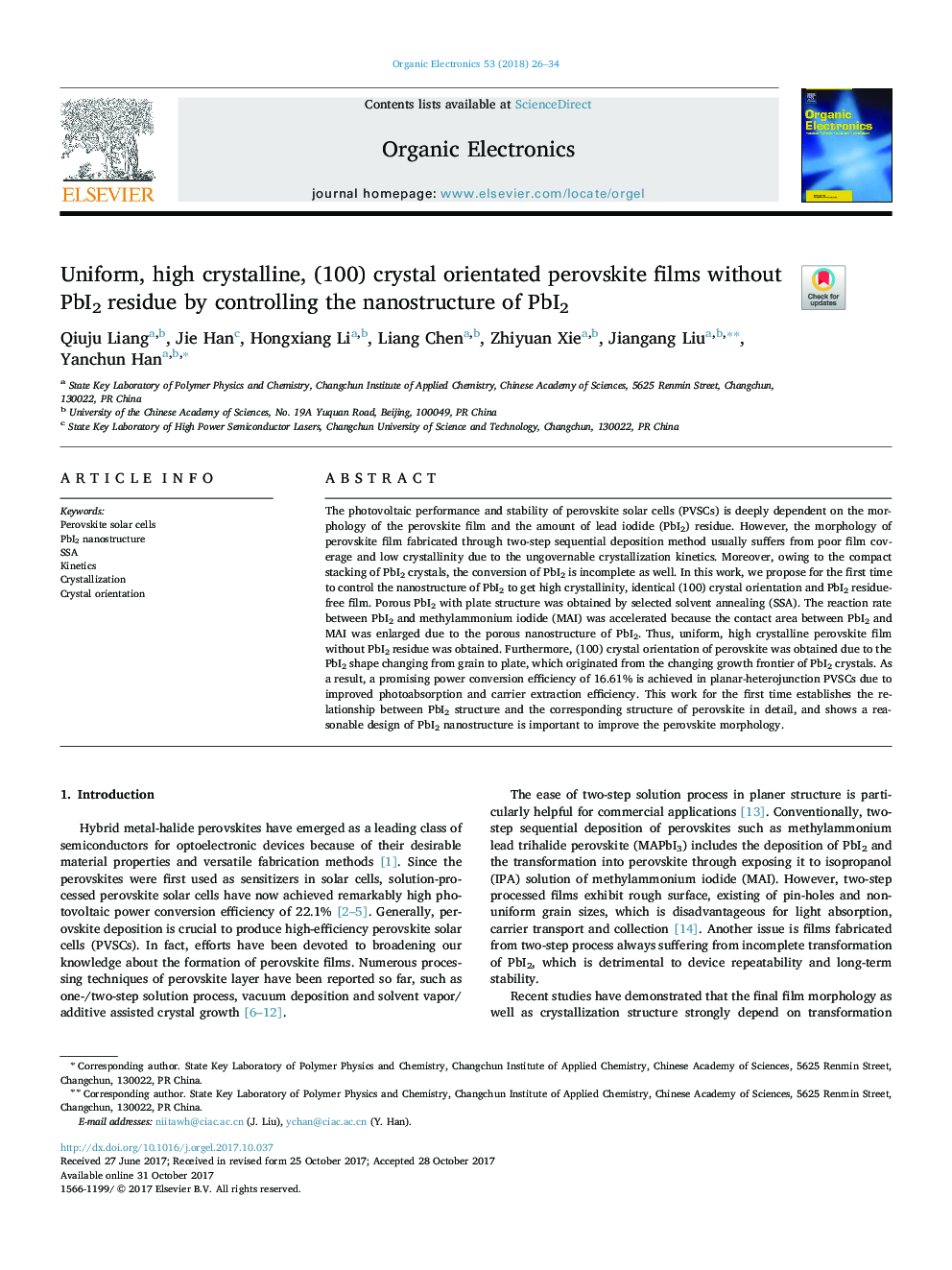 Uniform, high crystalline, (100) crystal orientated perovskite films without PbI2 residue by controlling the nanostructure of PbI2