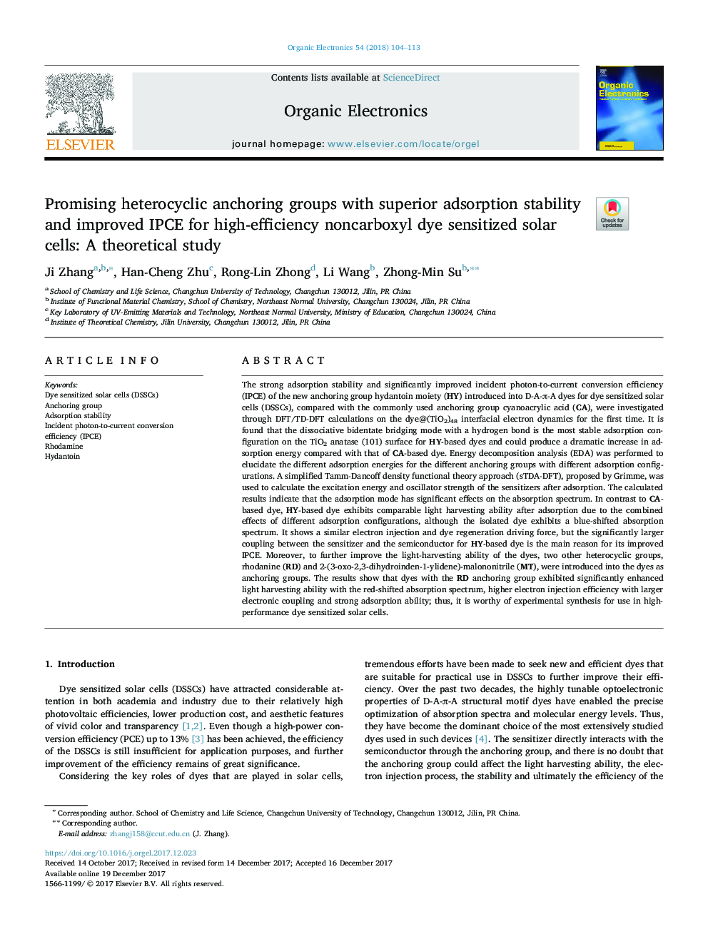 Promising heterocyclic anchoring groups with superior adsorption stability and improved IPCE for high-efficiency noncarboxyl dye sensitized solar cells: A theoretical study