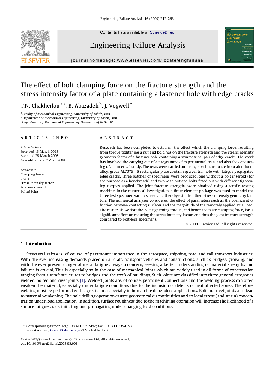 The effect of bolt clamping force on the fracture strength and the stress intensity factor of a plate containing a fastener hole with edge cracks