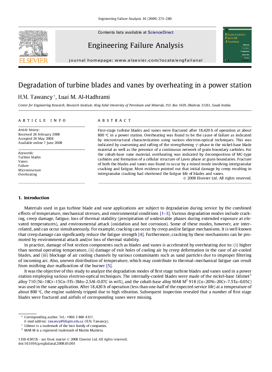 Degradation of turbine blades and vanes by overheating in a power station