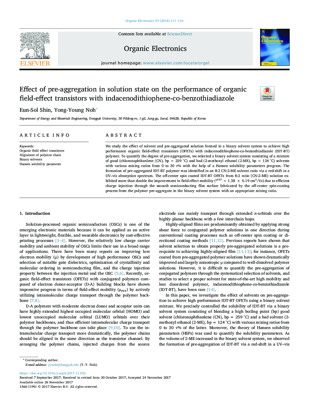 Effect of pre-aggregation in solution state on the performance of organic field-effect transistors with indacenodithiophene-co-benzothiadiazole