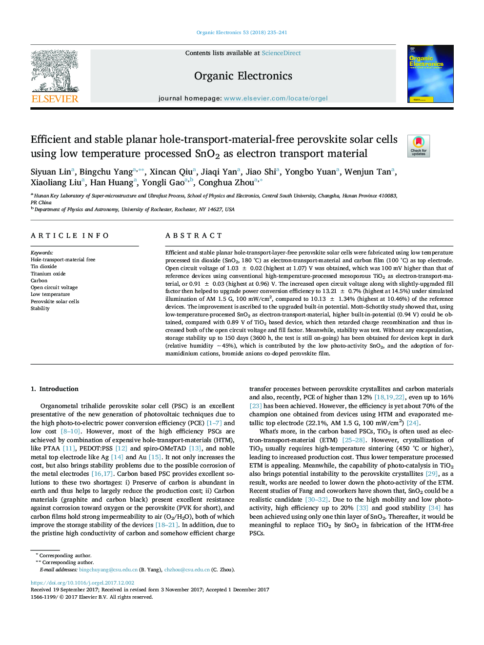 Efficient and stable planar hole-transport-material-free perovskite solar cells using low temperature processed SnO2 as electron transport material