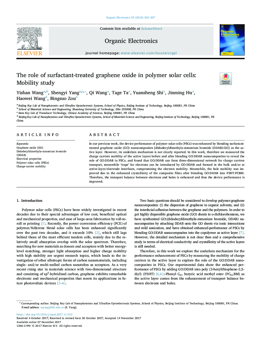 The role of surfactant-treated graphene oxide in polymer solar cells: Mobility study