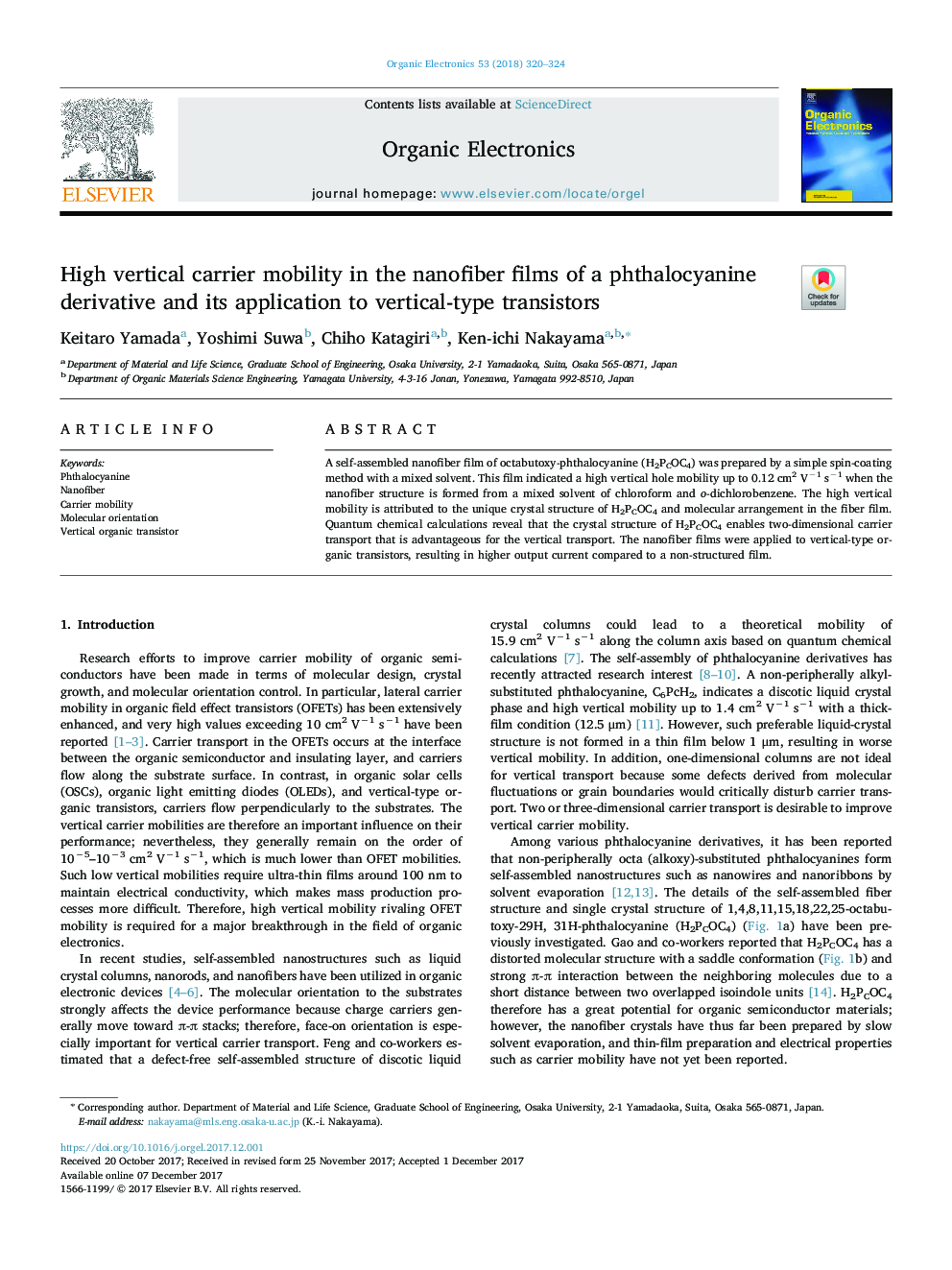 High vertical carrier mobility in the nanofiber films of a phthalocyanine derivative and its application to vertical-type transistors