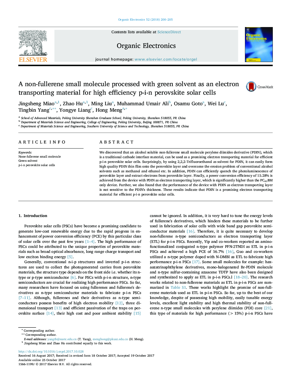 A non-fullerene small molecule processed with green solvent as an electron transporting material for high efficiency p-i-n perovskite solar cells