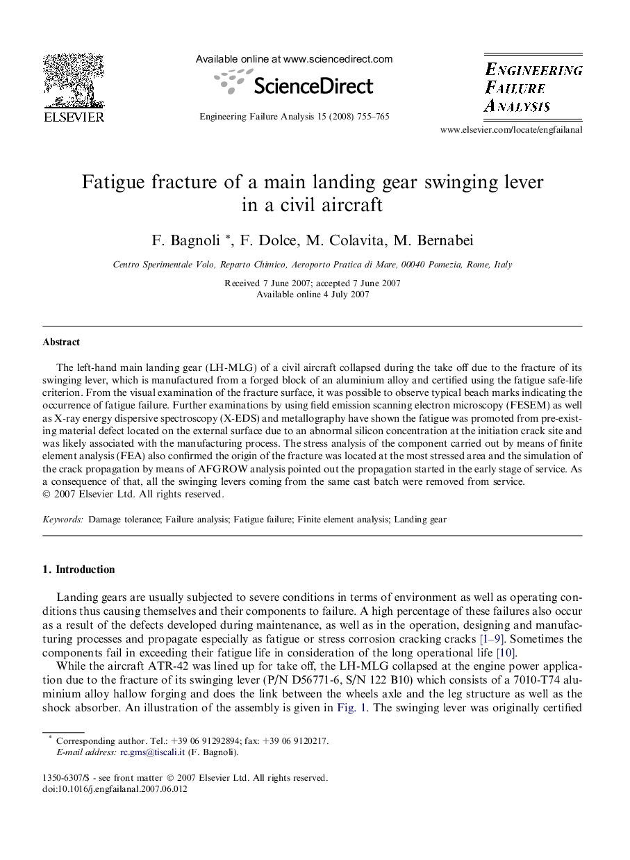 Fatigue fracture of a main landing gear swinging lever in a civil aircraft