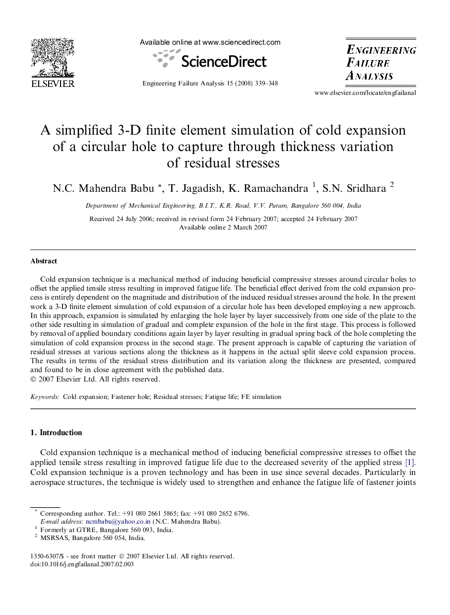 A simplified 3-D finite element simulation of cold expansion of a circular hole to capture through thickness variation of residual stresses