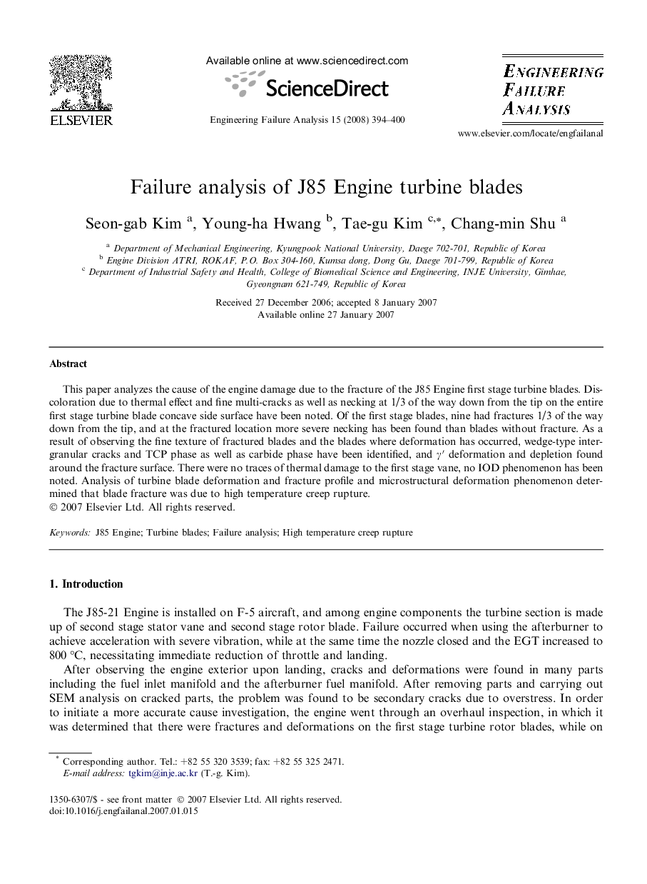 Failure analysis of J85 Engine turbine blades