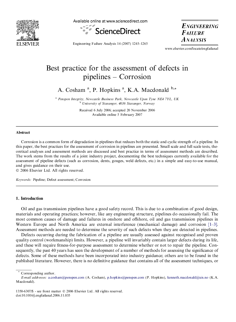 Best practice for the assessment of defects in pipelines – Corrosion