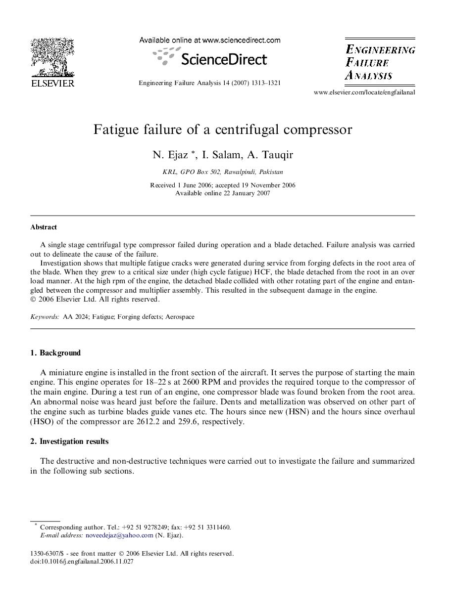 Fatigue failure of a centrifugal compressor