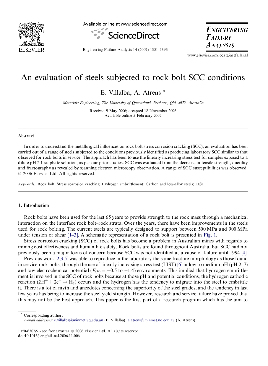 An evaluation of steels subjected to rock bolt SCC conditions