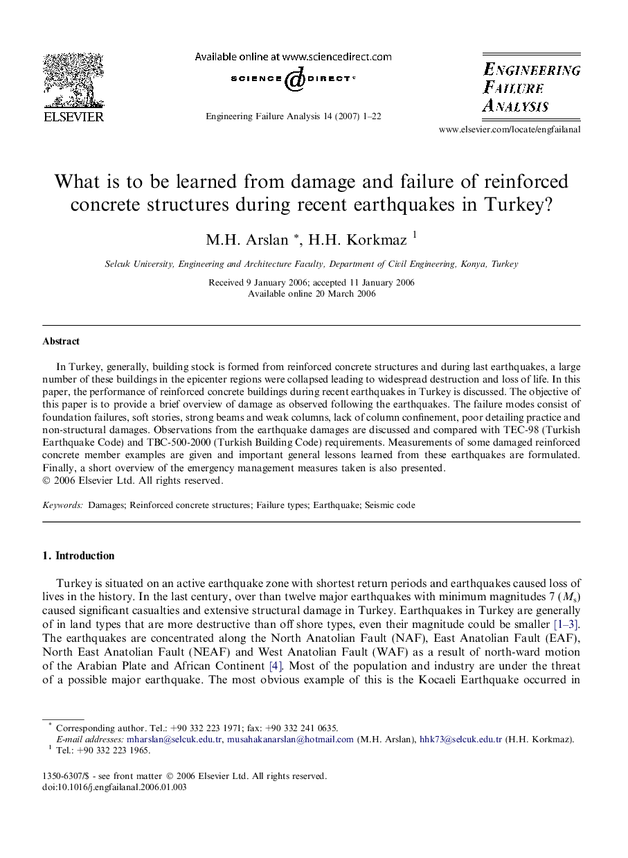 What is to be learned from damage and failure of reinforced concrete structures during recent earthquakes in Turkey?