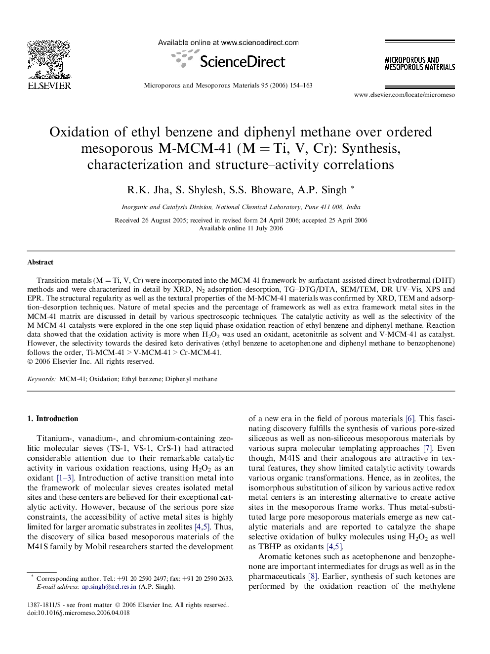 Oxidation of ethyl benzene and diphenyl methane over ordered mesoporous M-MCM-41 (M = Ti, V, Cr): Synthesis, characterization and structure–activity correlations