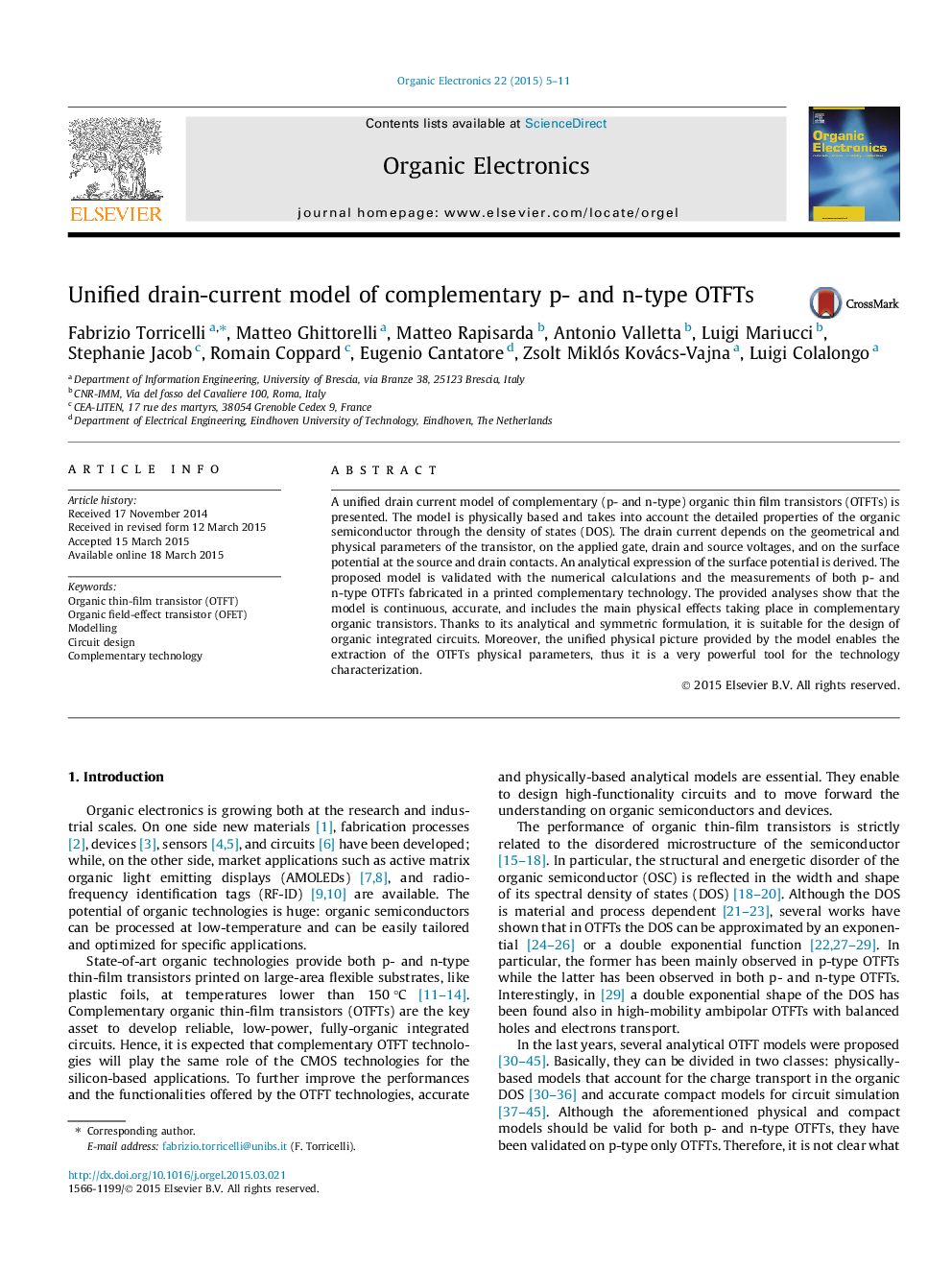 Unified drain-current model of complementary p- and n-type OTFTs