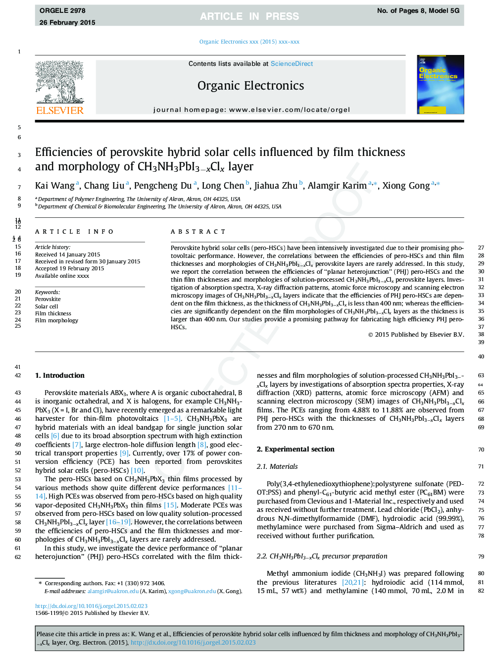 Efficiencies of perovskite hybrid solar cells influenced by film thickness and morphology of CH3NH3PbI3âxClx layer