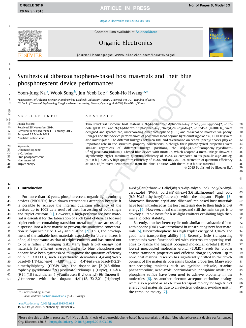 Synthesis of dibenzothiophene-based host materials and their blue phosphorescent device performances