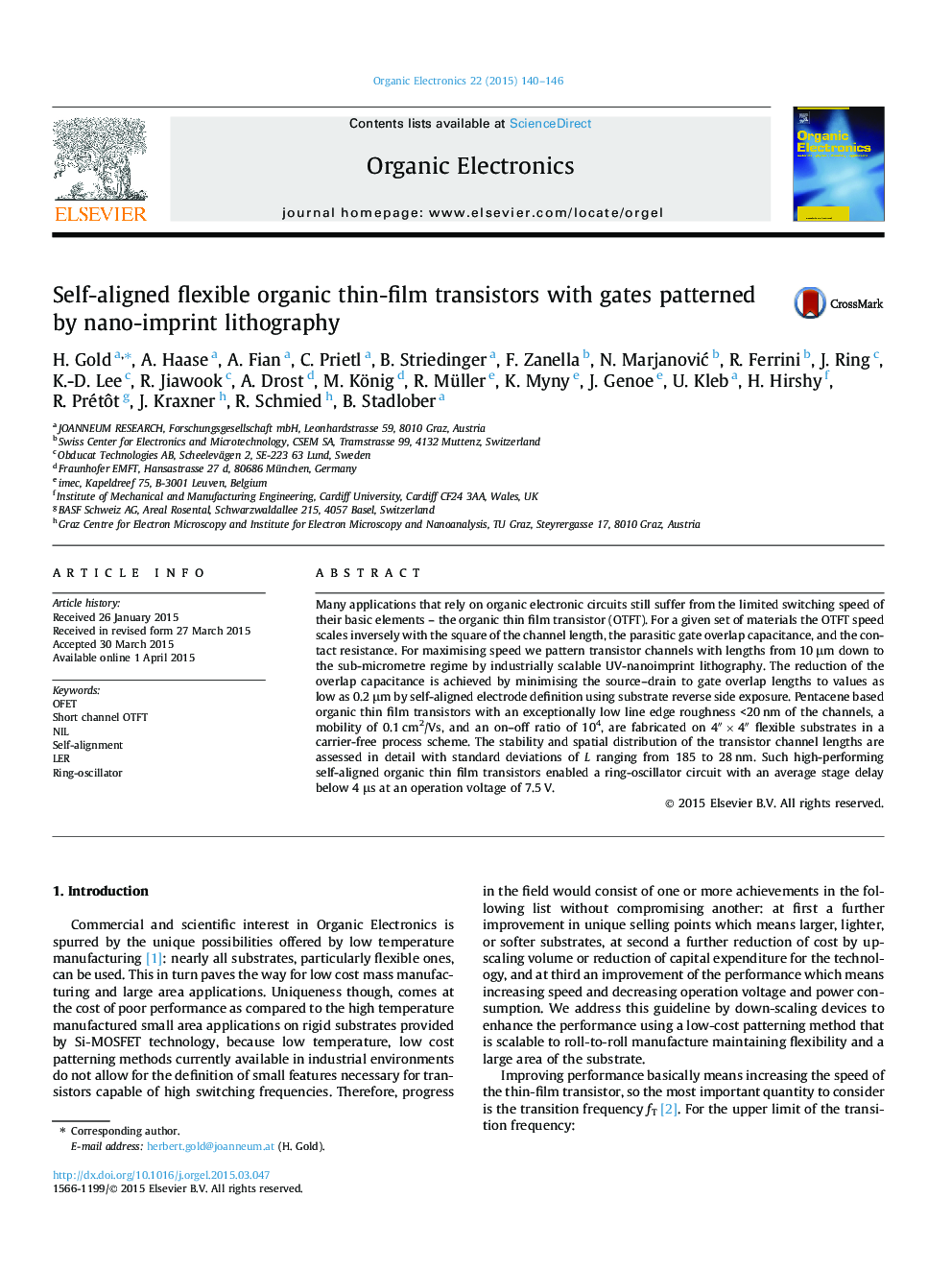 Self-aligned flexible organic thin-film transistors with gates patterned by nano-imprint lithography