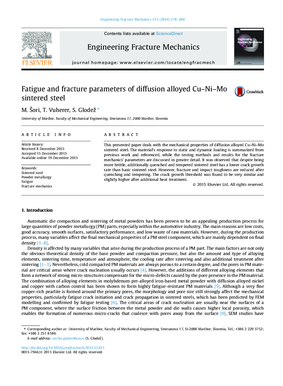 Fatigue and fracture parameters of diffusion alloyed Cu–Ni–Mo sintered steel